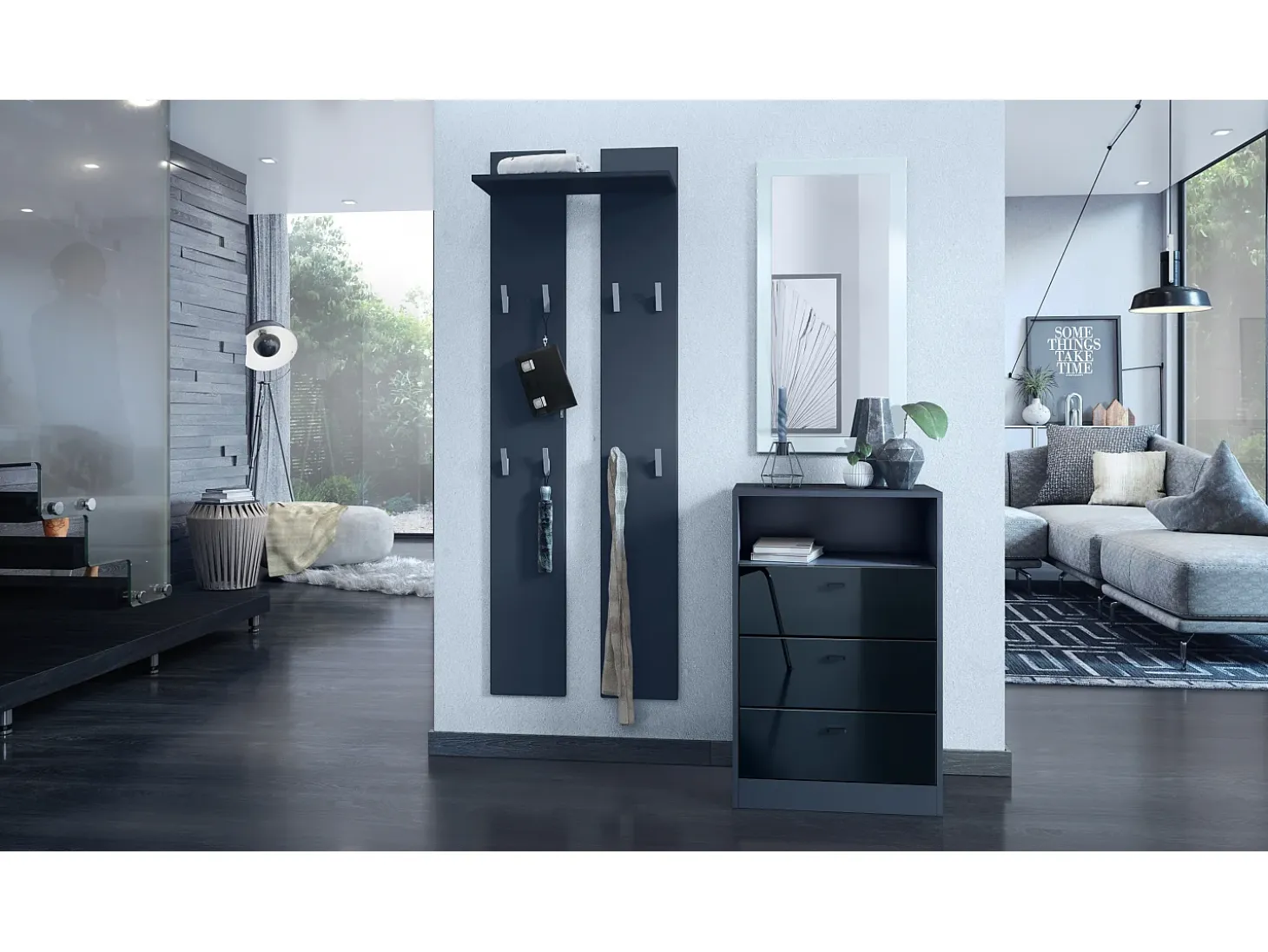 Vladon cómoda Pino V2, aparador con 3 cajones y 1 compartimento abierto, antracita mate/Negro de alto brillo sin LED (56 x 86,5 x 36 cm)