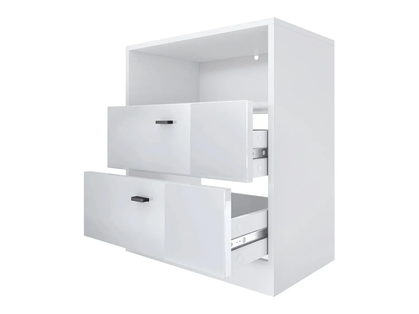 Vladon cómoda Pino V1, mesilla de noche con 2 cajones y 1 compartimento abierto, blanco mate/Hormigón oxidado sin LED (56 x 67,5 x 36 cm)