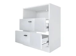 Vladon cómoda Pino V1, mesilla de noche con 2 cajones y 1 compartimento abierto, blanco mate/Blanco de alto brillo con iluminación LED RVB (56 x 67,5 x 36 cm)