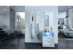 Vladon cómoda Pino V1, mesilla de noche con 2 cajones y 1 compartimento abierto, blanco mate/Blanco de alto brillo con iluminación LED RVB (56 x 67,5 x 36 cm)