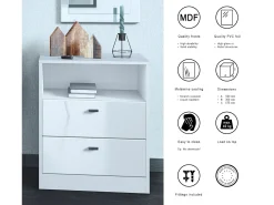 Vladon cómoda Pino V1, mesilla de noche con 2 cajones y 1 compartimento abierto, blanco mate/Blanco de alto brillo con iluminación LED RVB (56 x 67,5 x 36 cm)