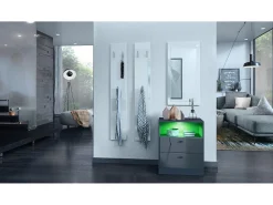 Vladon cómoda Pino V1, mesilla de noche con 2 cajones y 1 compartimento abierto, antracita mate/Gris de alto brillo con iluminación LED RVB (56 x 67,5 x 36 cm)
