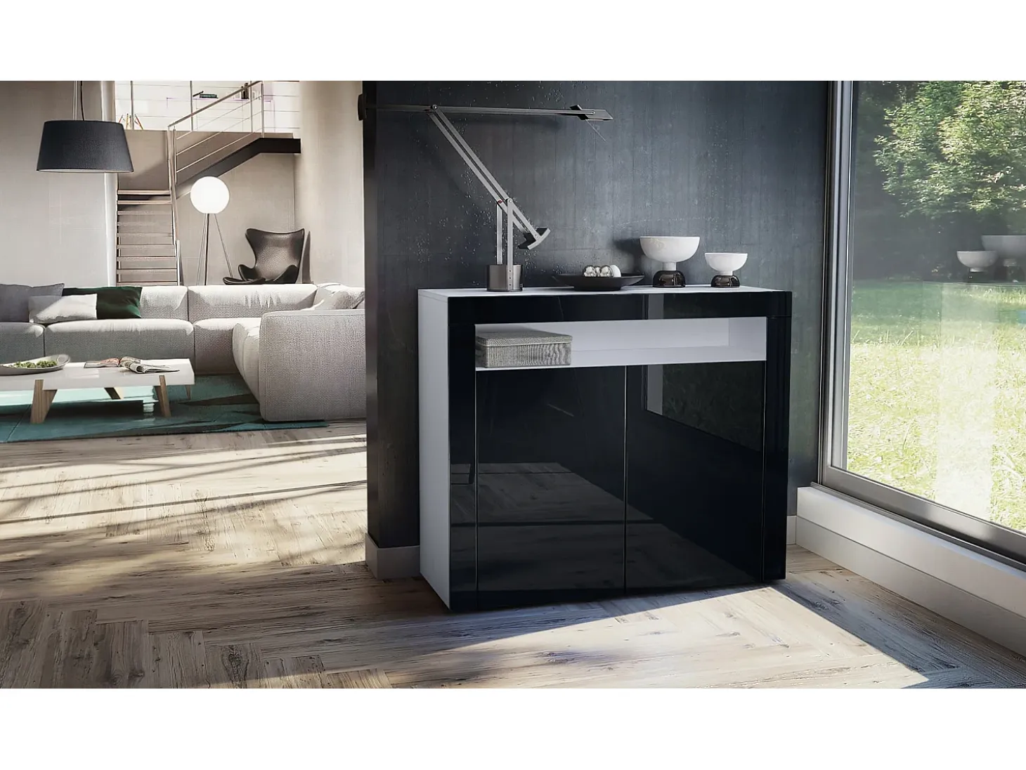 Vladon Cómoda Valencia, Cajonera con 2 Puertas y 1 Compartimento abierto, Blanco mate/negro de alto brillo/negro de alto brillo (108 x 92 x 40 cm)