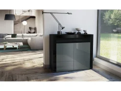 Vladon Cómoda Valencia, Cajonera con 2 Puertas y 1 Compartimento abierto, Negro mate/gris de alto brillo/negro de alto brillo (108 x 92 x 40 cm)