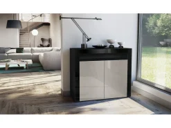Vladon Cómoda Valencia, Cajonera con 2 Puertas y 1 Compartimento abierto, Negro mate/gris arena de alto brillo/negro de alto brillo (108 x 92 x 40 cm)