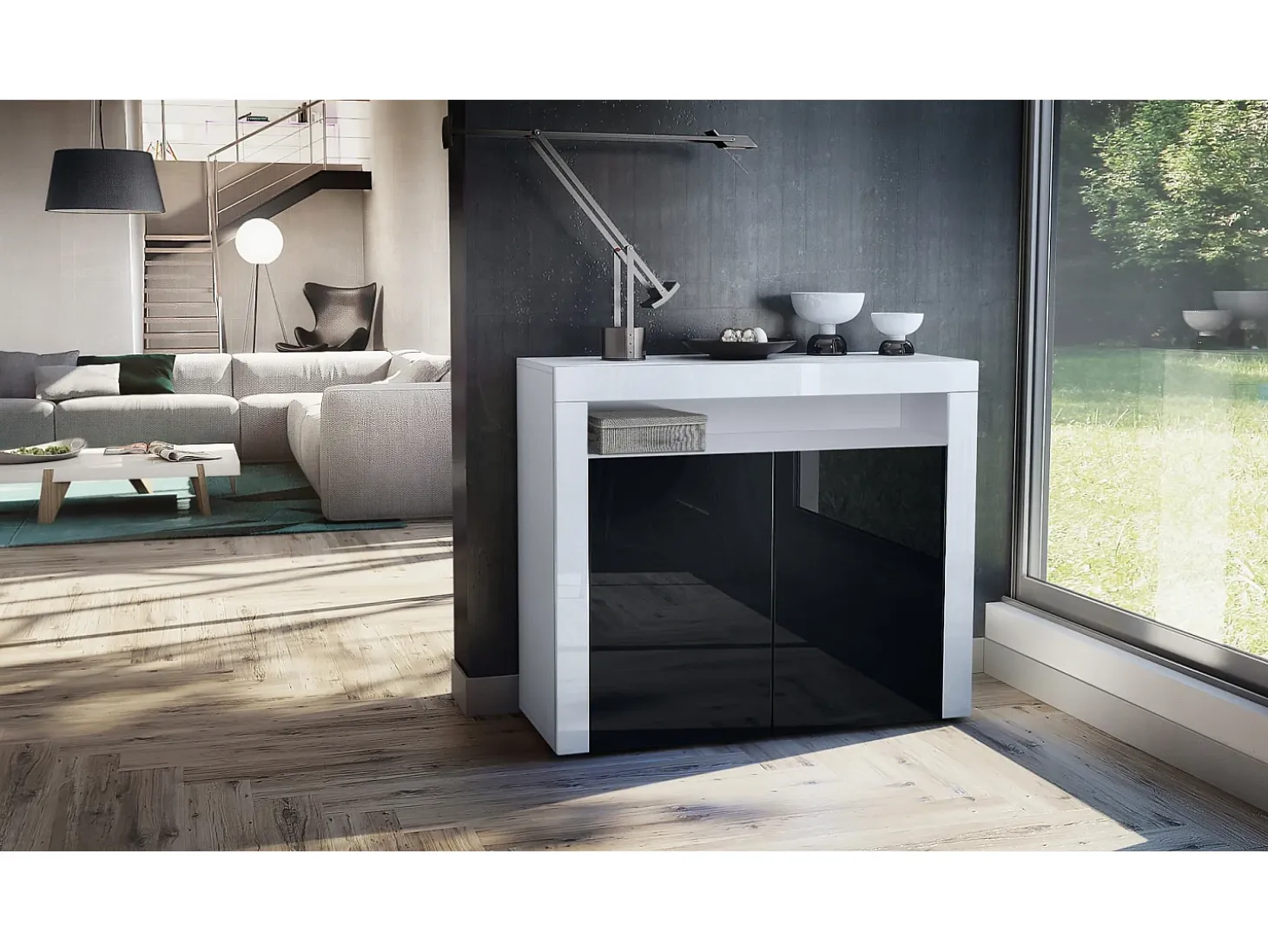 Vladon Cómoda Valencia, Cajonera con 2 Puertas y 1 Compartimento abierto, Blanco mate/negro de alto brillo/blanco de alto brillo (108 x 92 x 40 cm)