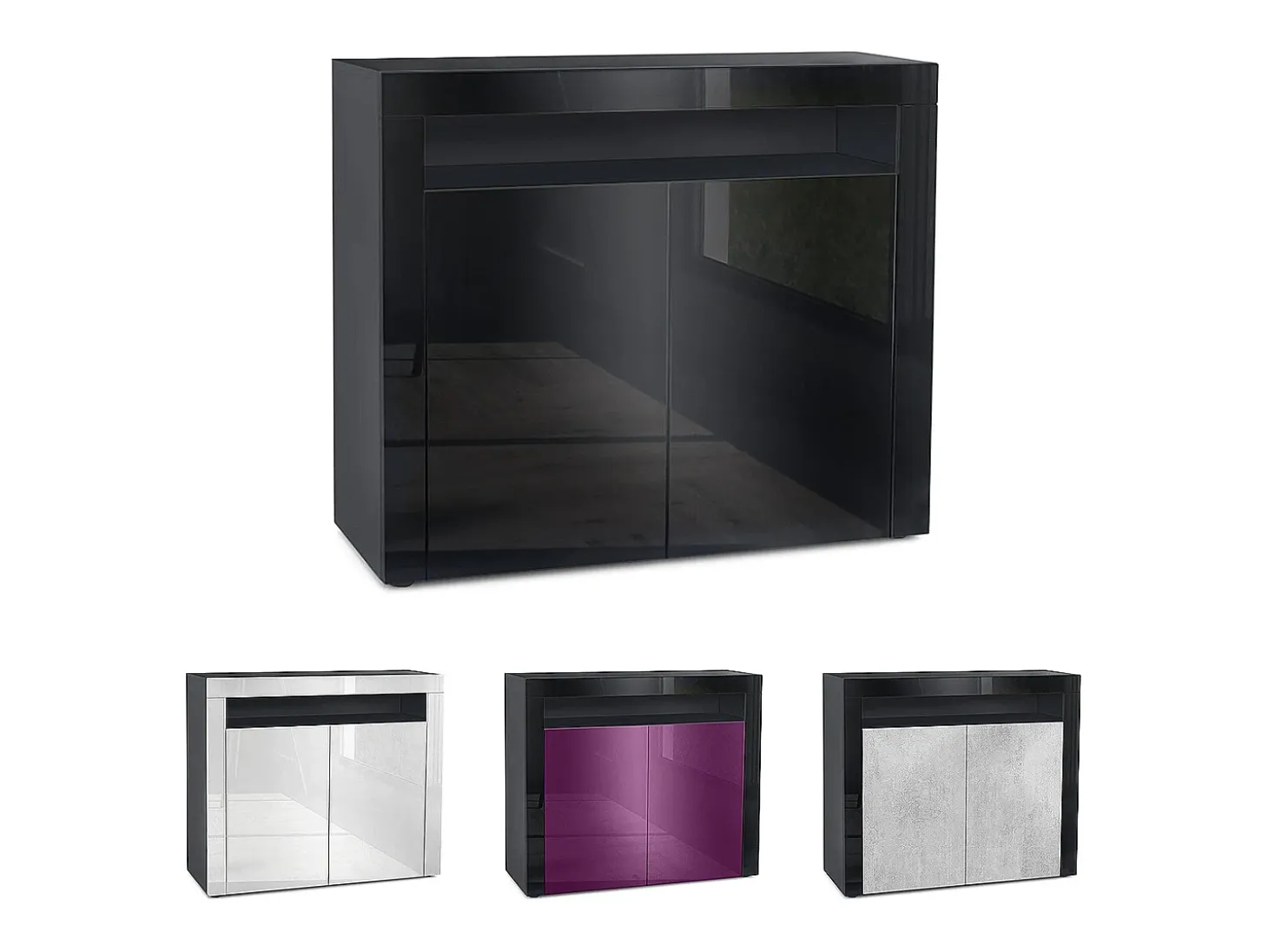 Vladon Cómoda Valencia, Cajonera con 2 Puertas y 1 Compartimento abierto, Negro mate/negro de alto brillo/negro de alto brillo (108 x 92 x 40 cm)