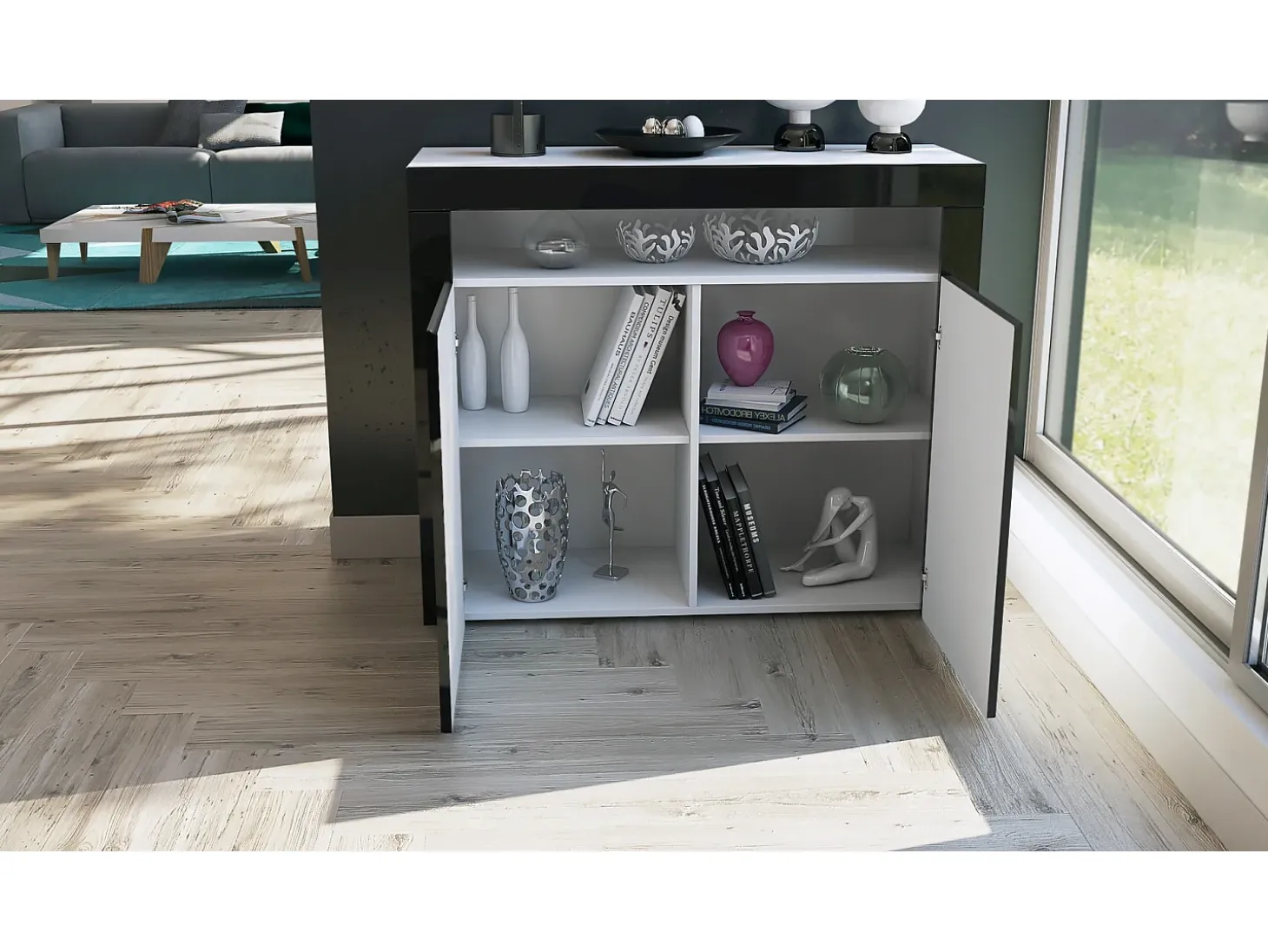 Vladon Cómoda Valencia, Cajonera con 2 Puertas y 1 Compartimento abierto, Blanco mate/gris de alto brillo/blanco de alto brillo (108 x 92 x 40 cm)