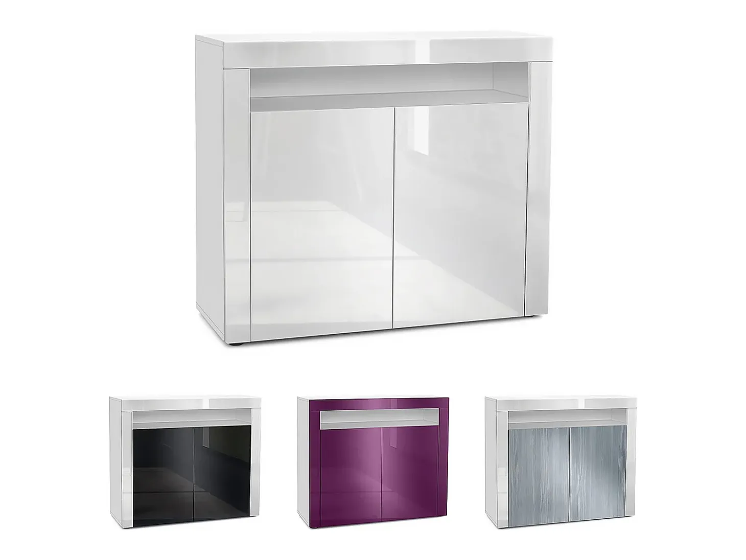 Vladon Cómoda Valencia, Cajonera con 2 Puertas y 1 Compartimento abierto, Blanco mate/gris de alto brillo/blanco de alto brillo (108 x 92 x 40 cm)