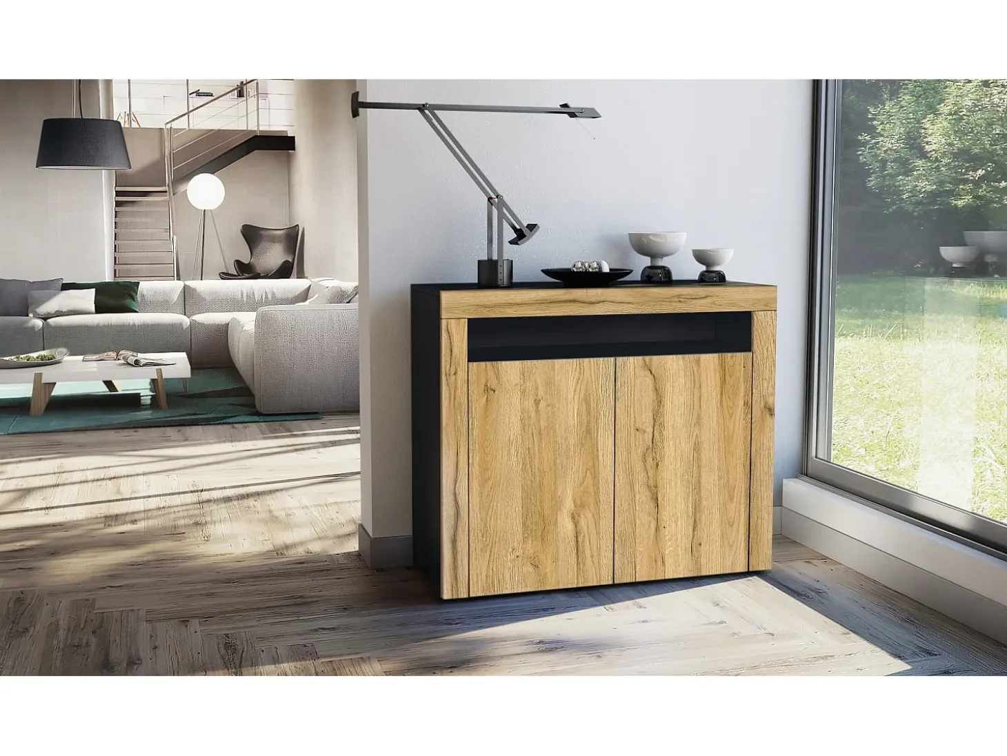 Vladon Cómoda Valencia, Cajonera con 2 Puertas y 1 Compartimento abierto, Negro mate/roble natural/roble natural (108 x 92 x 40 cm)