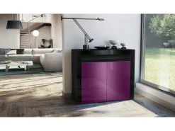 Vladon Cómoda Valencia, Cajonera con 2 Puertas y 1 Compartimento abierto, Negro mate/zarzamora de alto brillo/negro de alto brillo (108 x 92 x 40 cm)
