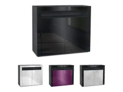 Vladon Cómoda Valencia, Cajonera con 2 Puertas y 1 Compartimento abierto, Negro mate/blanco de alto brillo/negro de alto brillo (108 x 92 x 40 cm)