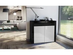 Vladon Cómoda Valencia, Cajonera con 2 Puertas y 1 Compartimento abierto, Negro mate/blanco de alto brillo/negro de alto brillo (108 x 92 x 40 cm)
