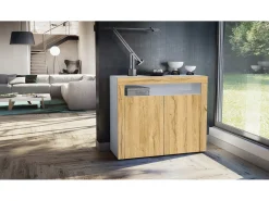 Vladon Cómoda Valencia, Cajonera con 2 Puertas y 1 Compartimento abierto, Blanco mate/roble natural/roble natural (108 x 92 x 40 cm)