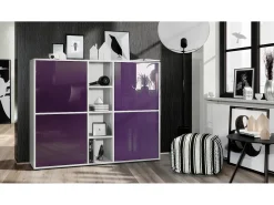 Vladon Highboard Cuba V3, blanco mate/zarzamora de alto brillo - Aparador moderno con 12 compartimentos (130,5 x 105,5 x 35,5 cm)