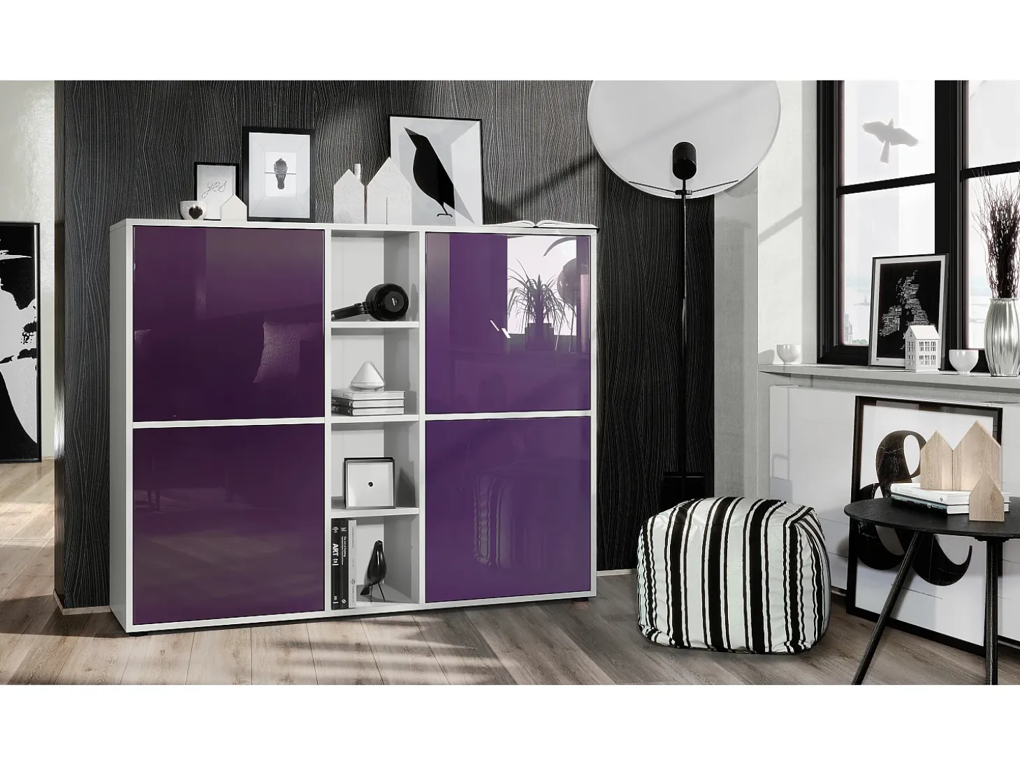 Vladon Highboard Cuba V3, blanco mate/zarzamora de alto brillo - Aparador moderno con 12 compartimentos (130,5 x 105,5 x 35,5 cm)