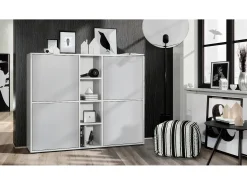 Vladon Highboard Cuba V3, blanco mate/gris claro satinado - Aparador moderno con 12 compartimentos (130,5 x 105,5 x 35,5 cm)