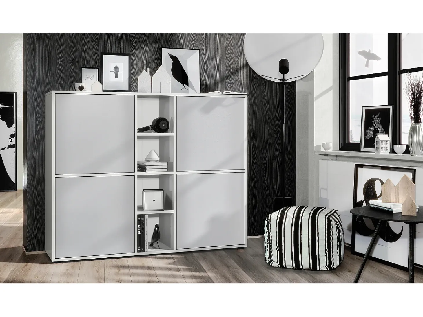 Vladon Highboard Cuba V3, blanco mate/gris claro satinado - Aparador moderno con 12 compartimentos (130,5 x 105,5 x 35,5 cm)