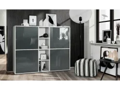 Vladon Highboard Cuba V3, blanco mate/gris de alto brillo - Aparador moderno con 12 compartimentos (130,5 x 105,5 x 35,5 cm)