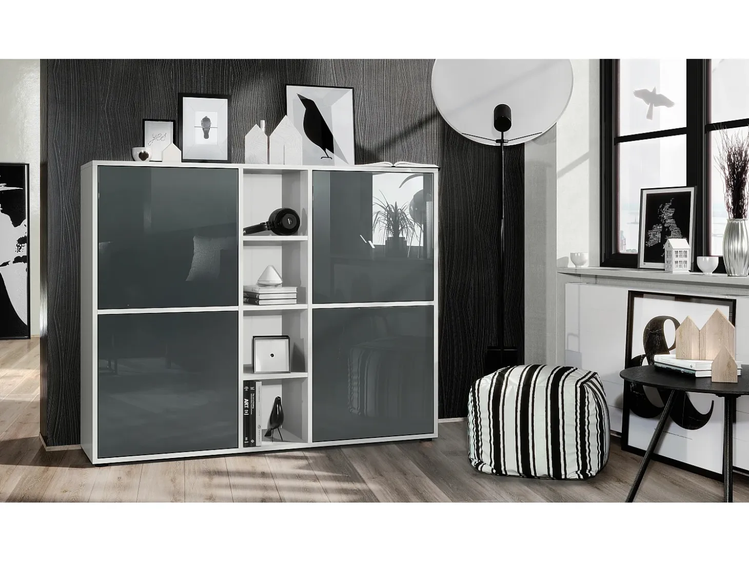 Vladon Highboard Cuba V3, blanco mate/gris de alto brillo - Aparador moderno con 12 compartimentos (130,5 x 105,5 x 35,5 cm)