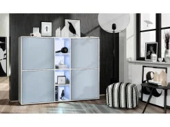 Vladon Highboard Cuba V3, blanco mate/mezclilla mate con LED - Aparador moderno con 12 compartimentos (130,5 x 105,5 x 35,5 cm)