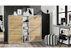 Vladon Highboard Cuba V3, blanco mate/roble natural - Aparador moderno con 12 compartimentos (130,5 x 105,5 x 35,5 cm)