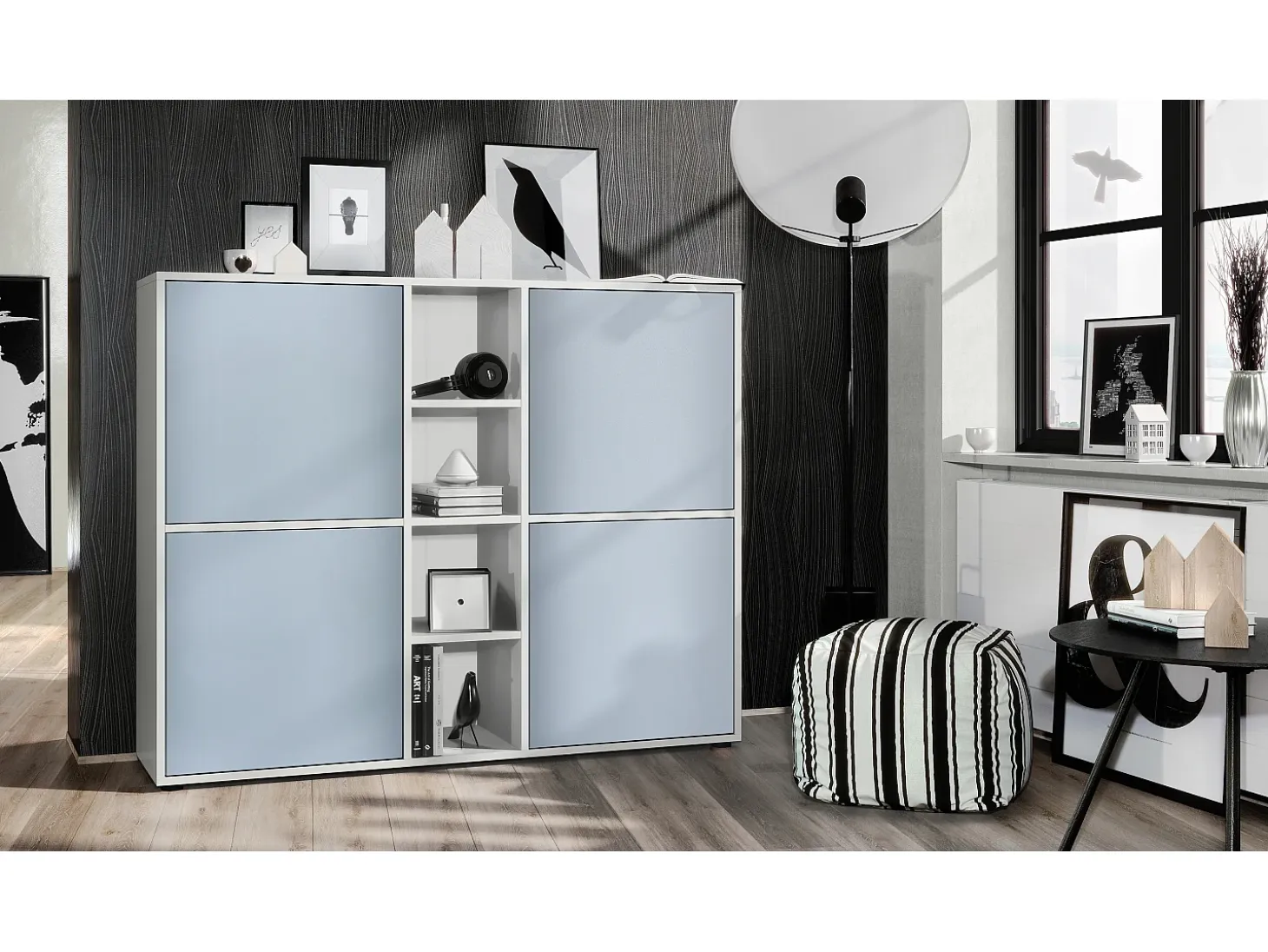 Vladon Highboard Cuba V3, blanco mate/mezclilla mate - Aparador moderno con 12 compartimentos (130,5 x 105,5 x 35,5 cm)