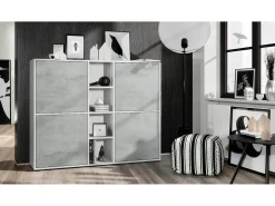 Vladon Highboard Cuba V3, blanco mate/hormigón oxidado - Aparador moderno con 12 compartimentos (130,5 x 105,5 x 35,5 cm)
