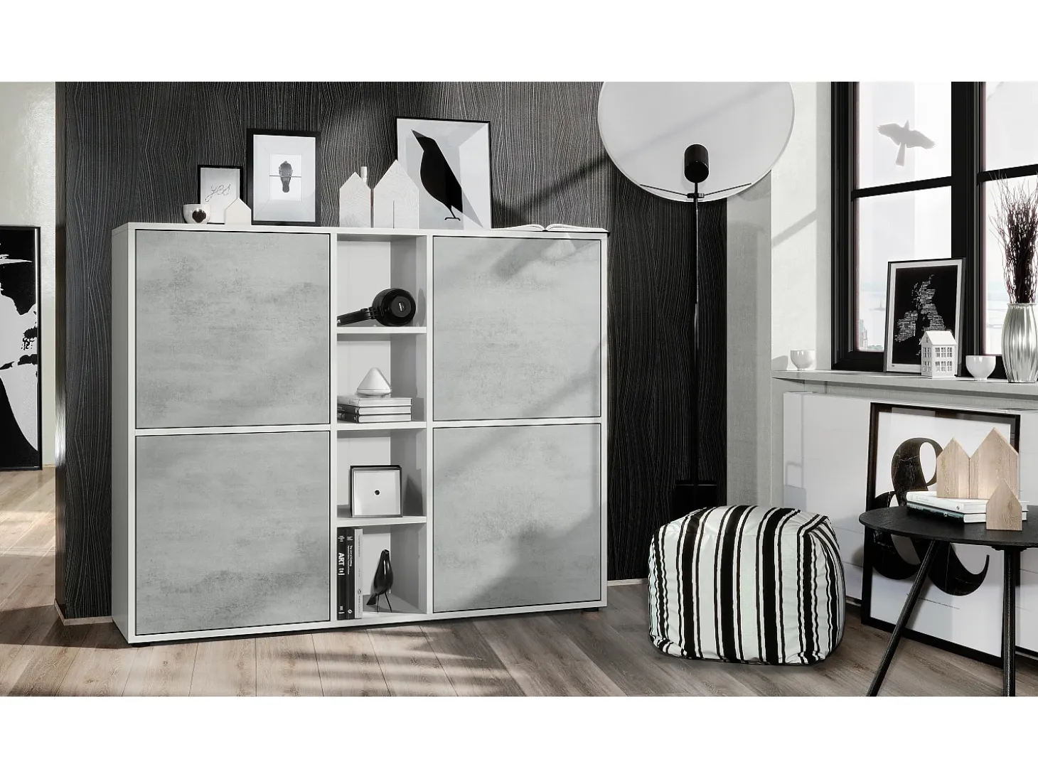 Vladon Highboard Cuba V3, blanco mate/hormigón oxidado - Aparador moderno con 12 compartimentos (130,5 x 105,5 x 35,5 cm)