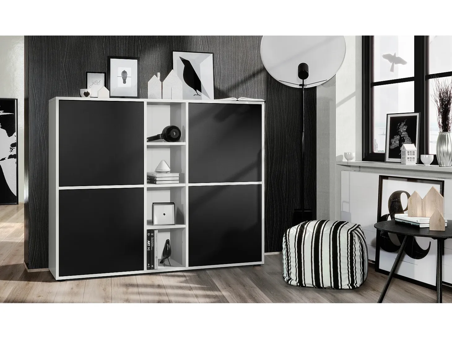 Vladon Highboard Cuba V3, blanco mate/negro mate - Aparador moderno con 12 compartimentos (130,5 x 105,5 x 35,5 cm)