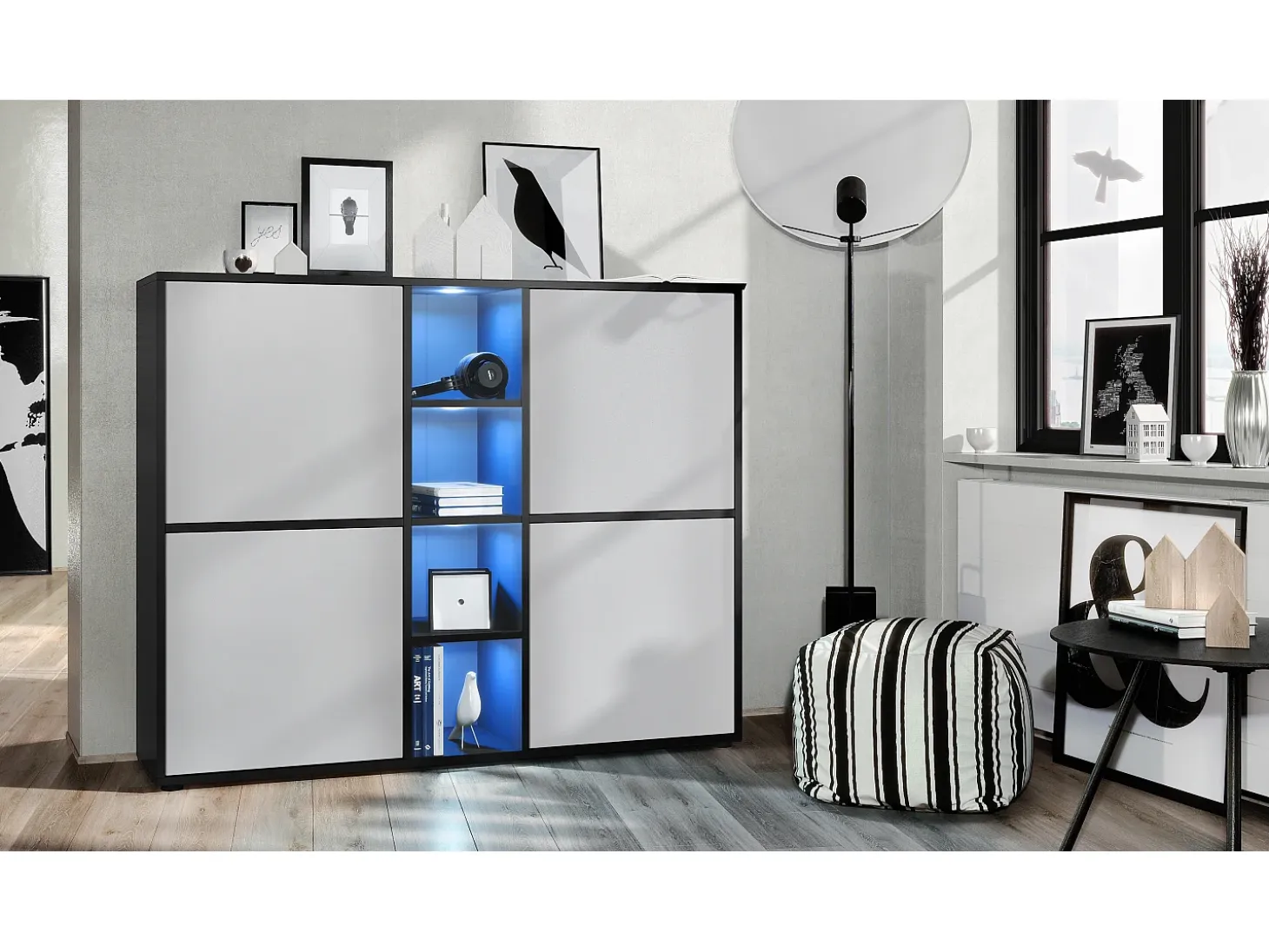 Vladon Highboard Cuba V3, negro mate/gris claro satinado con LED - Aparador moderno con 12 compartimentos (130,5 x 105,5 x 35,5 cm)