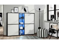 Vladon Highboard Cuba V3, negro mate/blanco mate con LED - Aparador moderno con 12 compartimentos (130,5 x 105,5 x 35,5 cm)