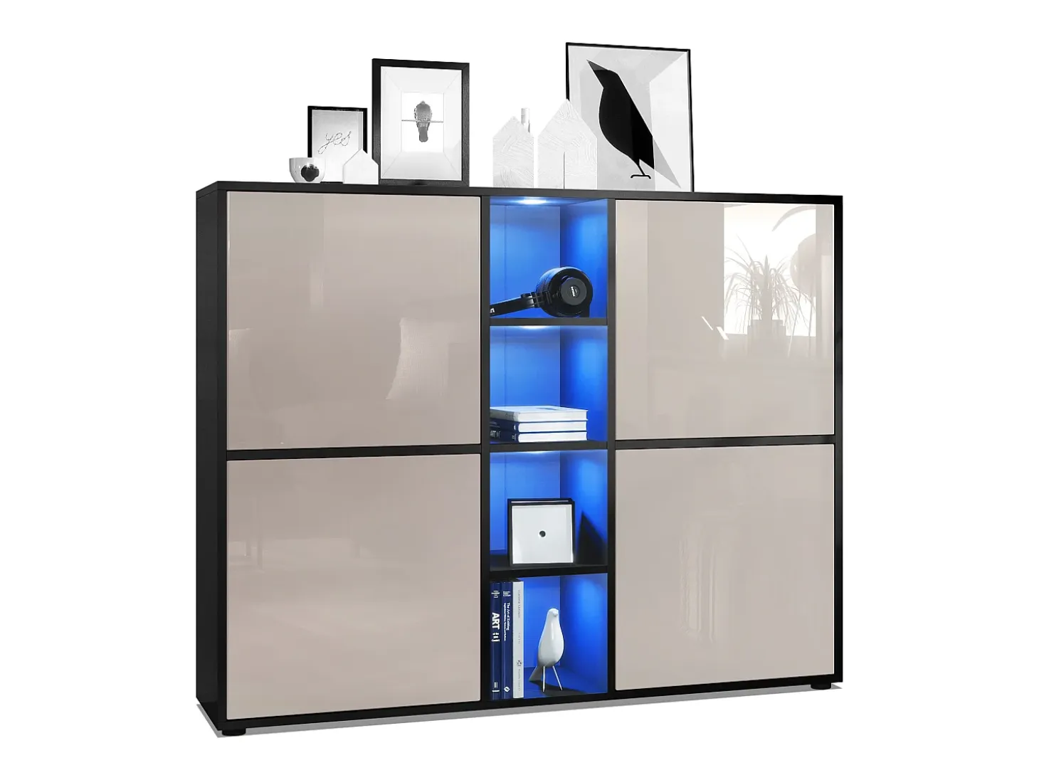 Vladon Highboard Cuba V3, negro mate/gris arena de alto brillo con LED - Aparador moderno con 12 compartimentos (130,5 x 105,5 x 35,5 cm)