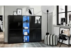 Vladon Highboard Cuba V3, negro mate/negro de alto brillo con LED - Aparador moderno con 12 compartimentos (130,5 x 105,5 x 35,5 cm)