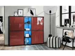 Vladon Highboard Cuba V3, negro mate/burdeos de alto brillo con LED - Aparador moderno con 12 compartimentos (130,5 x 105,5 x 35,5 cm)