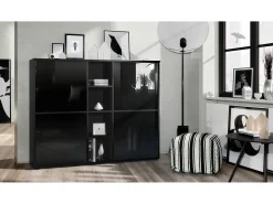 Vladon Highboard Cuba V3, negro mate/negro de alto brillo - Aparador moderno con 12 compartimentos (130,5 x 105,5 x 35,5 cm)