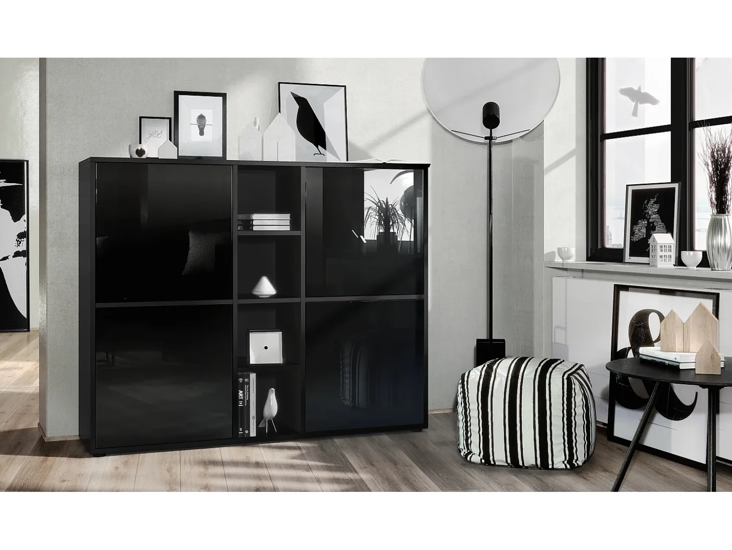 Vladon Highboard Cuba V3, negro mate/negro de alto brillo - Aparador moderno con 12 compartimentos (130,5 x 105,5 x 35,5 cm)