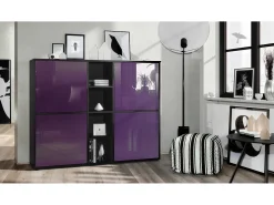 Vladon Highboard Cuba V3, negro mate/zarzamora de alto brillo - Aparador moderno con 12 compartimentos (130,5 x 105,5 x 35,5 cm)