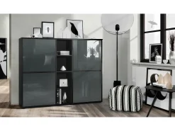 Vladon Highboard Cuba V3, negro mate/gris de alto brillo - Aparador moderno con 12 compartimentos (130,5 x 105,5 x 35,5 cm)
