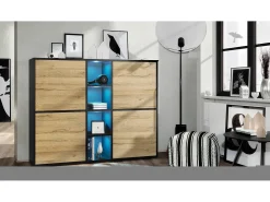 Vladon Highboard Cuba V3, negro mate/roble natural con LED - Aparador moderno con 12 compartimentos (130,5 x 105,5 x 35,5 cm)